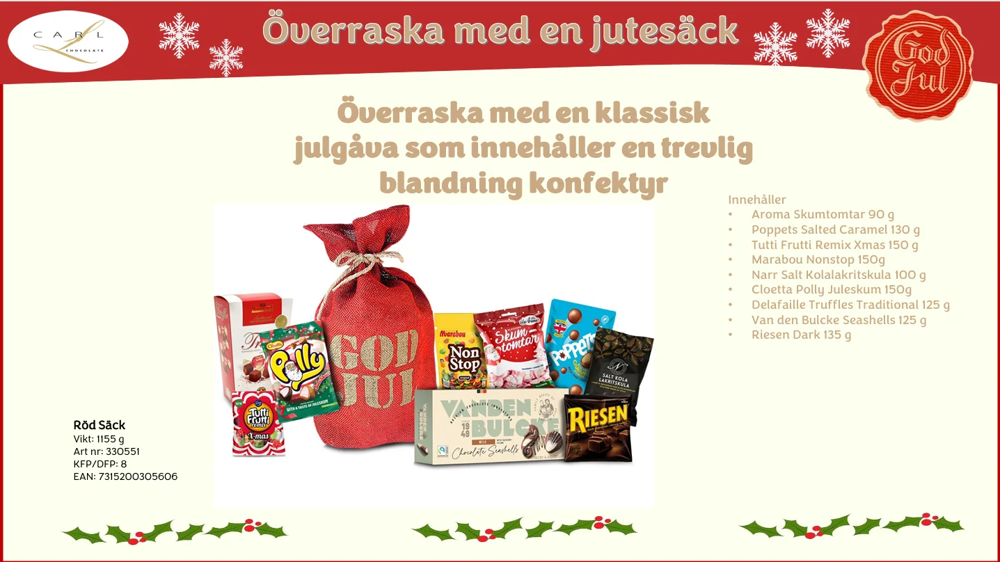 Röd Säck fylld med 1155 gram förpackat godis